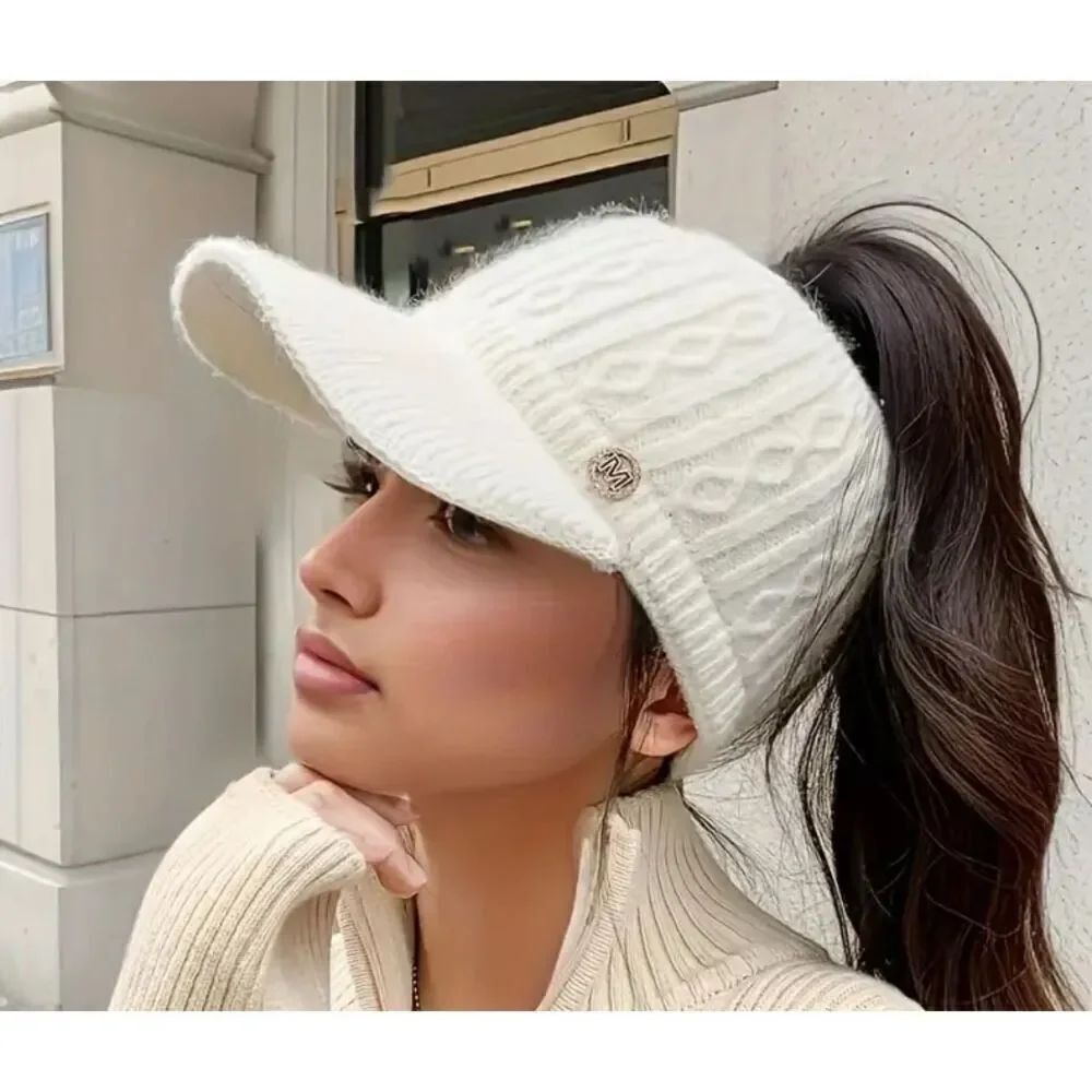 LAST ONE! Women's Cream Knit Winter Beanie Visor Hat with Ponytail Opening –